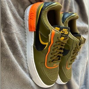Platform green and orange Air Force 1’s, size US women’s 8, brand new